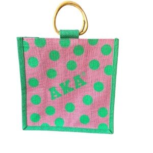 AKA Pink and Green Polka Dot Mini Tote with Wood Handle